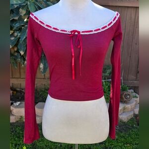 Edikted Burgundy Bell Sleeve Off-Shoulder Top With Bow Detail Y2K